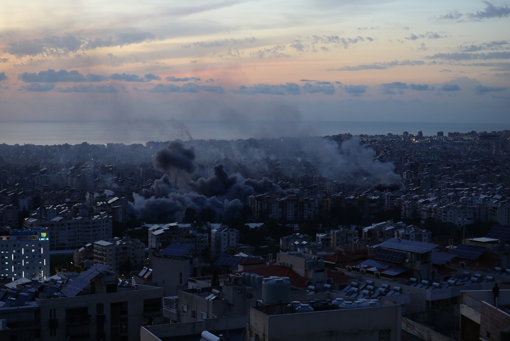 Beirut with smoke coming from buildings