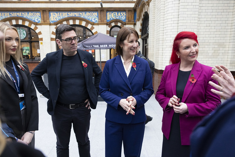 Andy Burnham stands with Rachel Reeves and Louise Haigh. Photo credit: Kirsty O'Connor / Treasury