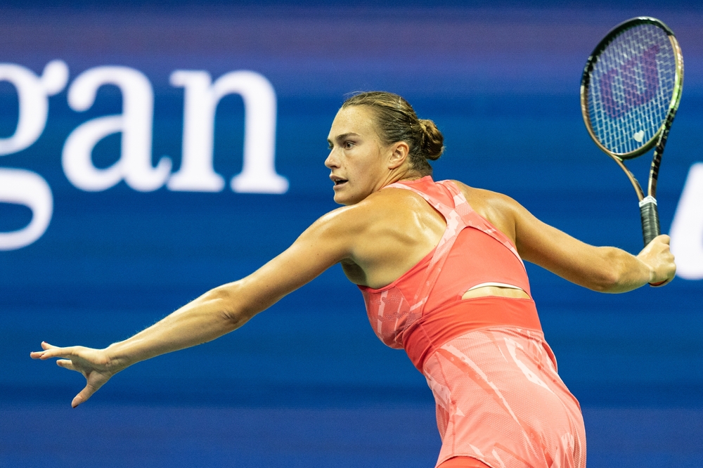 Aryna Sabalenka prepares to hit the ball at the US Open